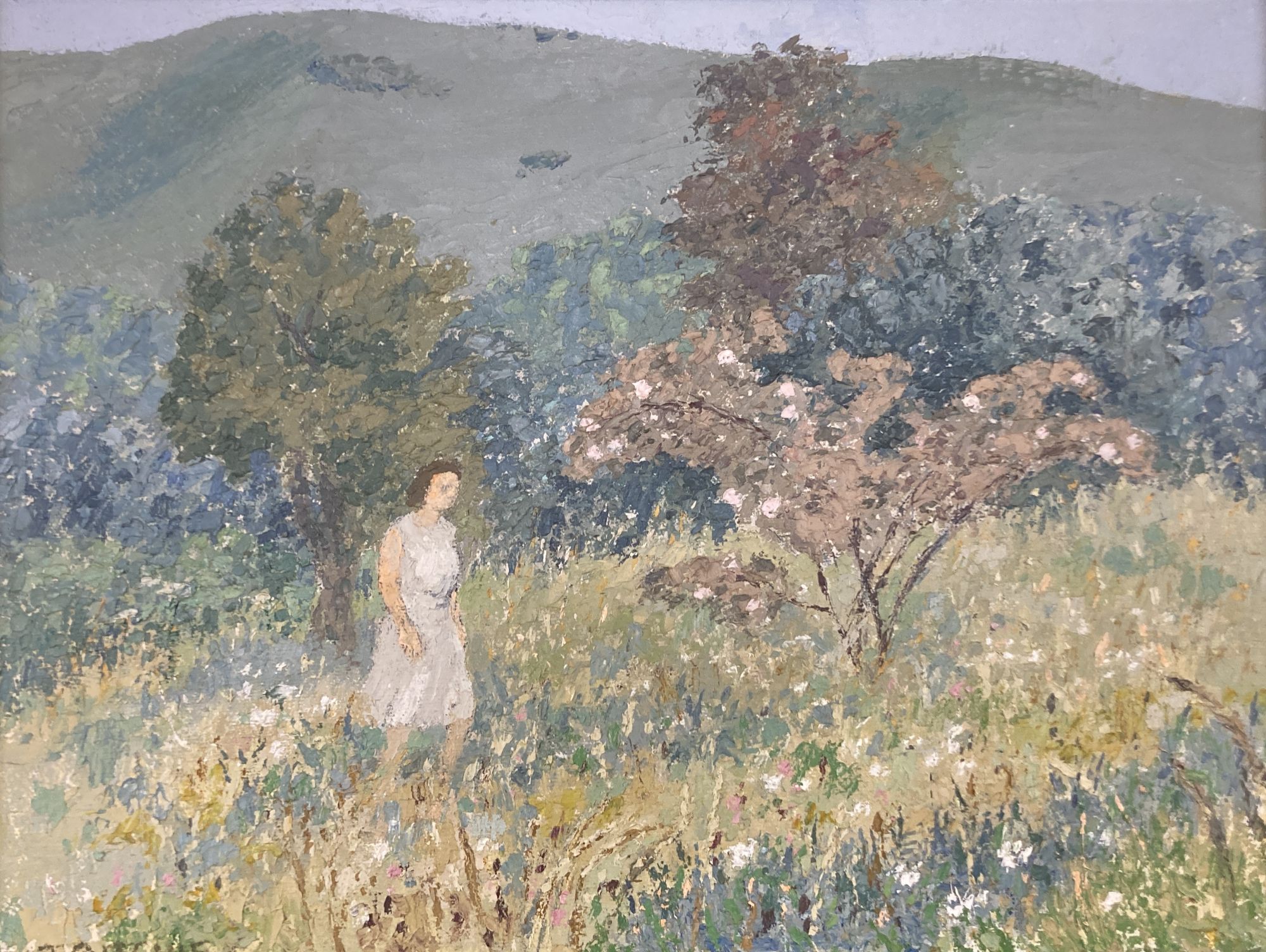 Trekkie Ritchie (1902-), oil on board, Grassy hillside evening, signed, 29 x 39cm